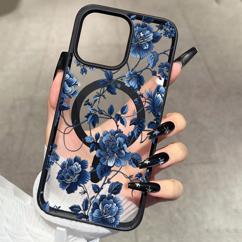Phone Cases Durable - Luxuriöse Vintage Blaue Blumenmuster Magnetische Handyhülle